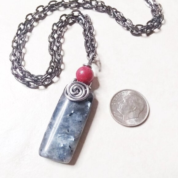 Black, Silver + Grey Norwegian Larvikite Bar Pendant + Gunmetal Black Chain - Picture 4 of 10